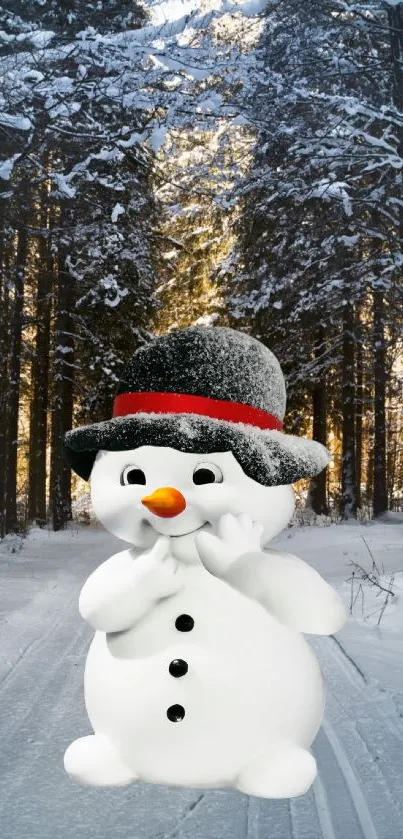 Festive snowman in a snowy winter forest path.