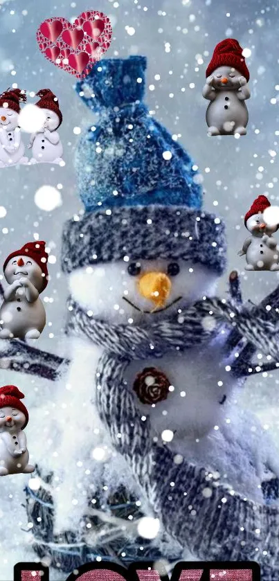 Snowman with blue hat and scarf in a snowy background.