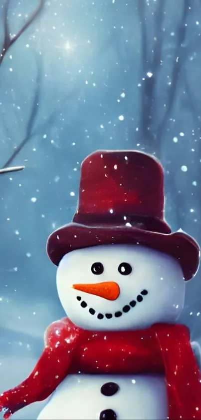 Charming snowman with red scarf and hat in snowy winter forest.