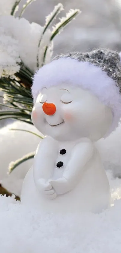 Cute snowman among snowy pine branches in winter.