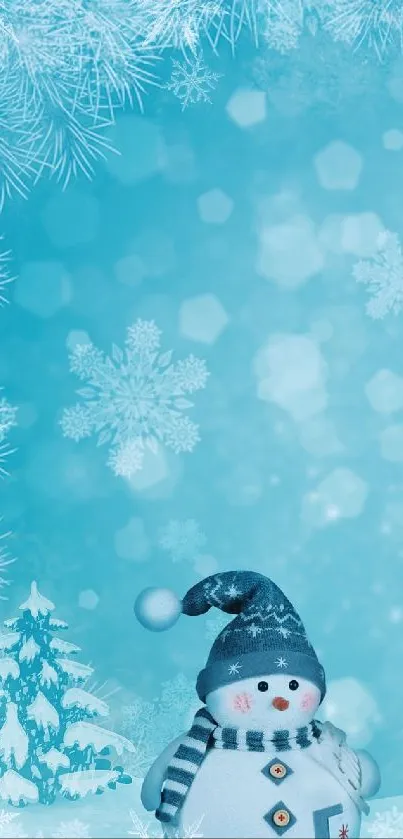 Charming snowman in a frosty, blue winter-themed mobile wallpaper with snowflakes.