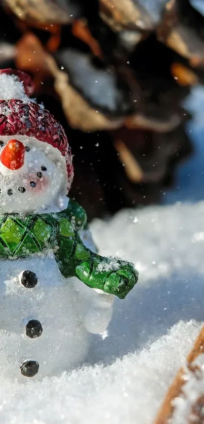 Snowman in snow with pine cones and cinnamon sticks, capturing winter charm.