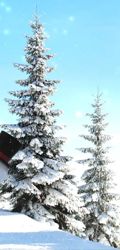 Snowman and snowy pine trees under a clear blue sky mobile wallpaper.