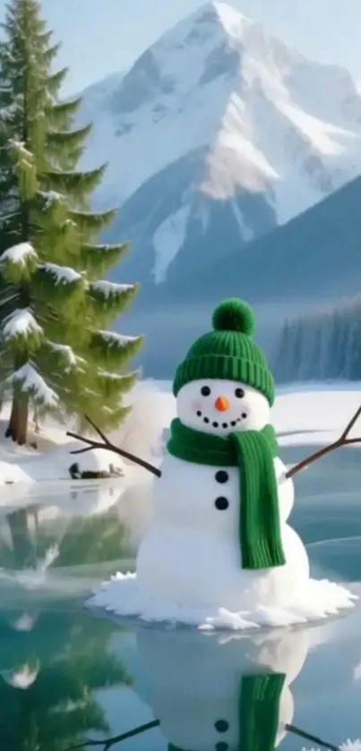 Snowman by a frozen lake in a winter mountain landscape.