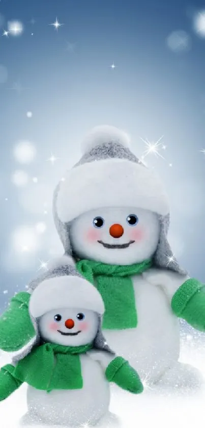 Snowmen against a starry snowy night background.
