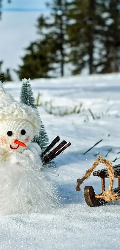 Snowman and sledge on winter landscape with trees.