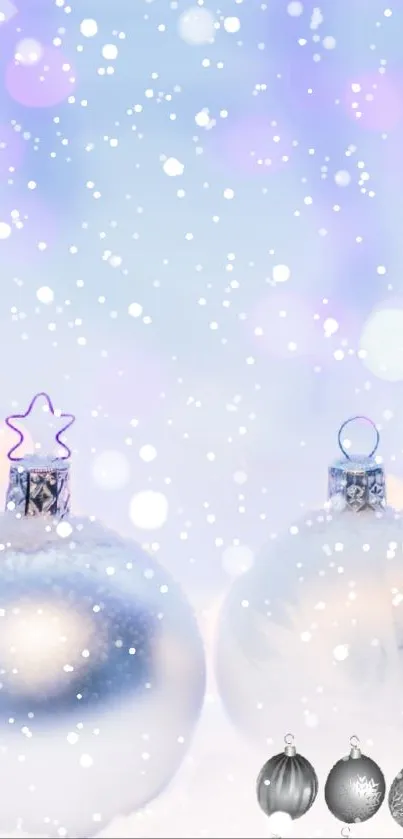 Snowy ornaments with a wintery background and gentle snowfall.