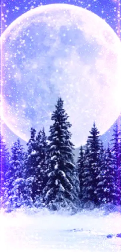 Snowy forest under a full moon night sky.