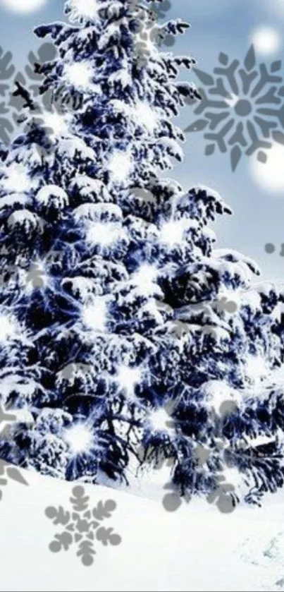 Snowy tree with snowflakes in a winter landscape wallpaper.