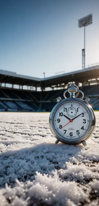 Clock on snowy stadium ground with morning light.