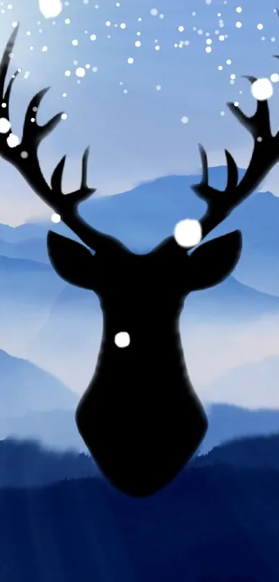 Stylized stag silhouette against blue mountain background with snow.