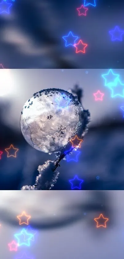 Frosted globe on twig with neon star lights in winter scene.