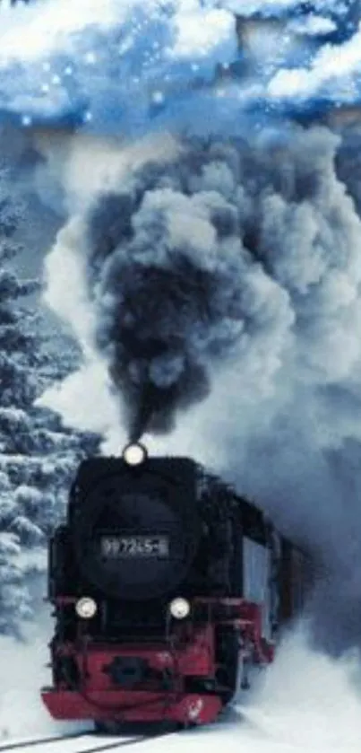 A vintage steam train travels through a snowy landscape under a cloudy sky.