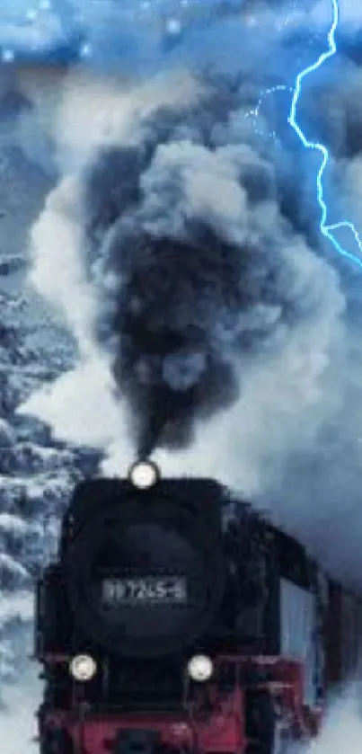 Steam train in snow with lightning sky.