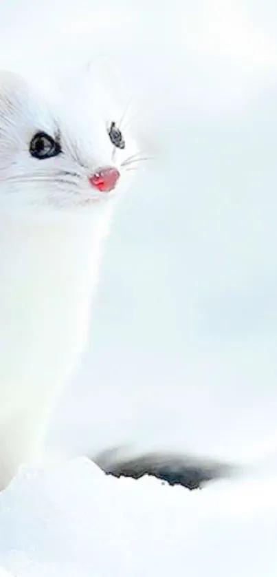 Winter stoat standing in pristine snow landscape wallpaper.