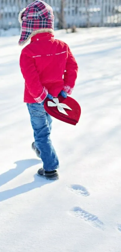 Child in red jacket walking in snow, winter scene.