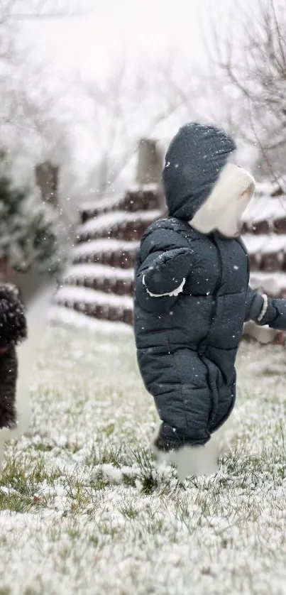 Toddler in winter coat plays in snow with dog.