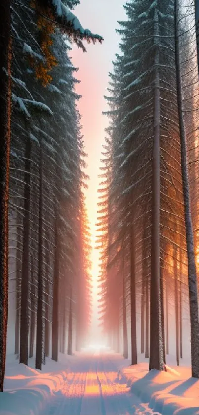 Serene snowy forest path at sunrise with tall trees.