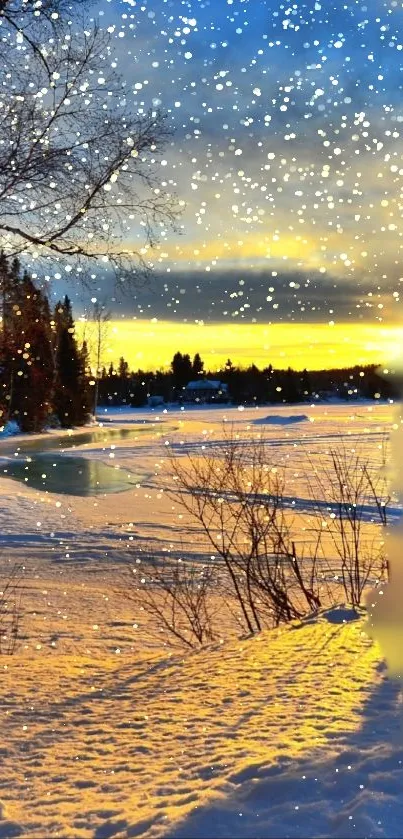Serene winter sunrise over a snowy landscape with vibrant colors and a tranquil scene.
