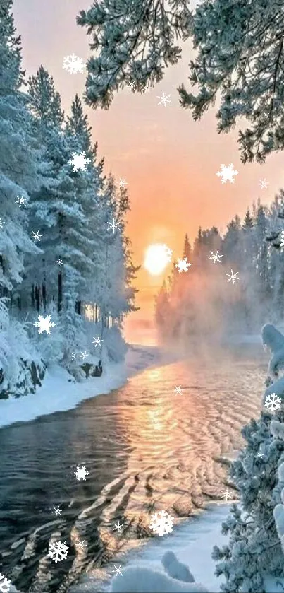 Serene winter sunrise over a snowy river landscape with trees.