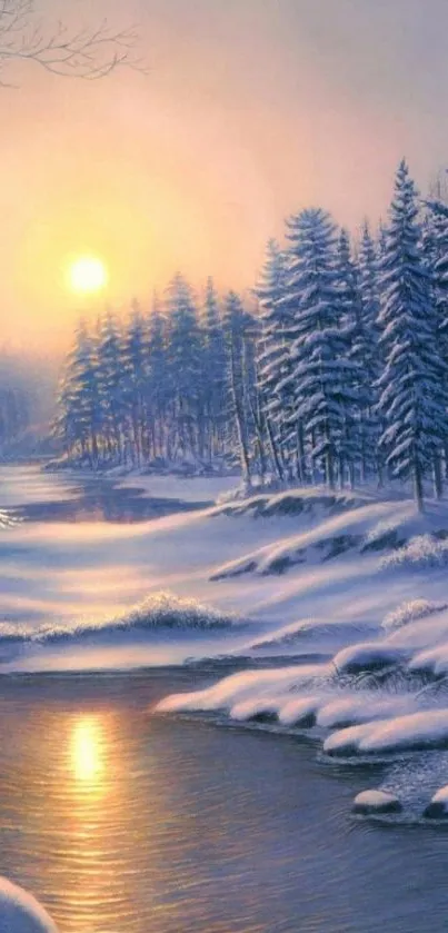 Peaceful winter sunrise over snow-covered river with trees.