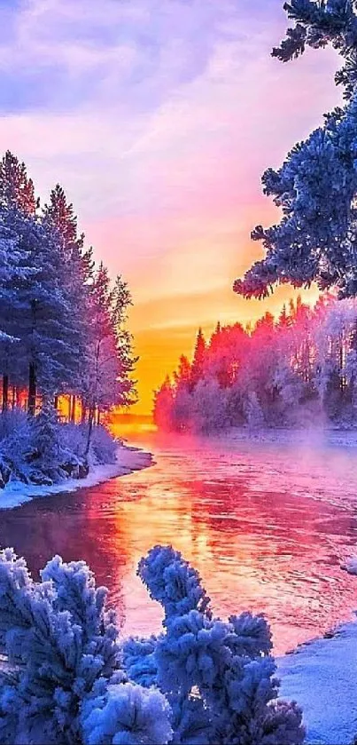Serene winter sunrise over a frosty river landscape with vibrant purple and pink hues.