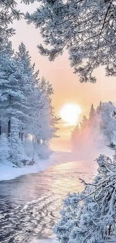 Winter sunrise over a scenic snowy river landscape with frosty trees.
