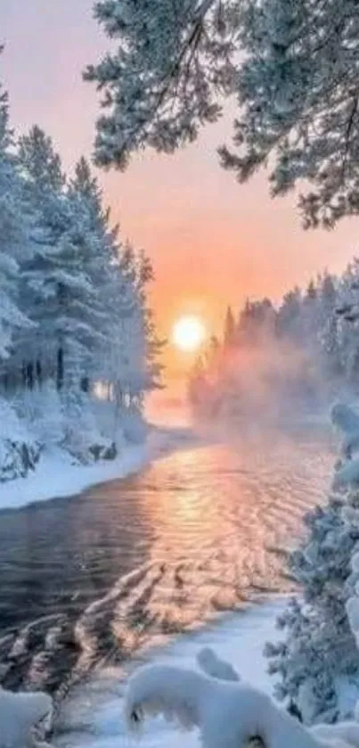 Sunrise over a snowy river landscape with frosted trees.