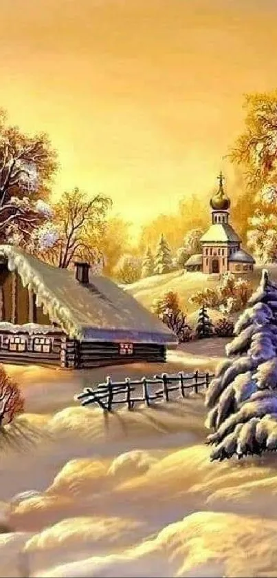 A tranquil winter village at sunrise with snow and golden hues.