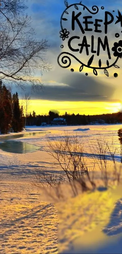 Winter sunset with 'Keep Calm' text on snowy landscape.