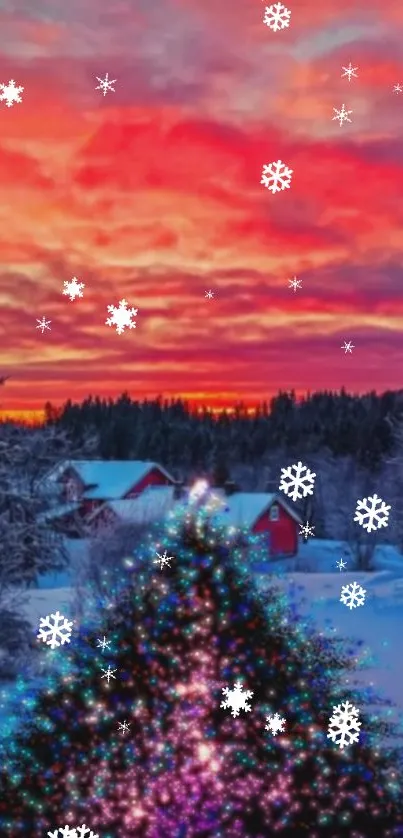 Snowy forest with sunset sky and snowflakes, perfect for holiday wallpaper.