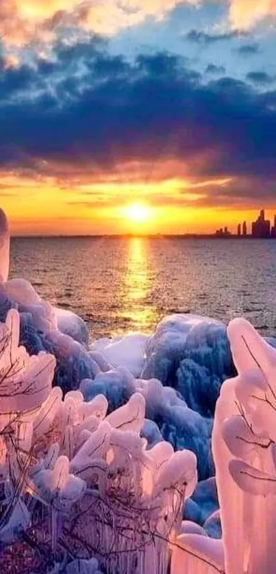 Vibrant winter sunset over icy shoreline with city skyline.