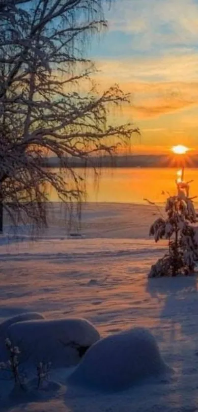 A serene winter sunset over a snowy landscape with a frozen lake.