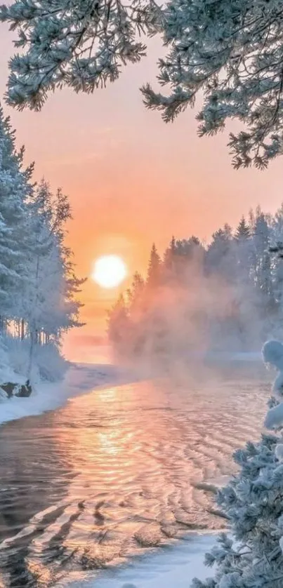 Winter sunset over snowy river landscape with serene scenery.