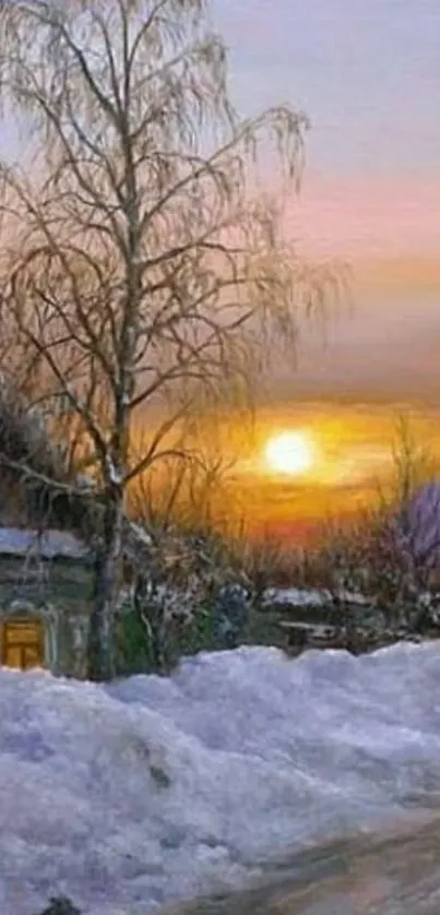 Scenic winter sunset over snowy village with a cozy cottage.