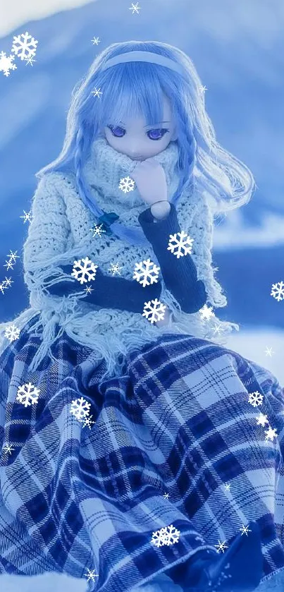 Anime character in winter setting with blue tones.