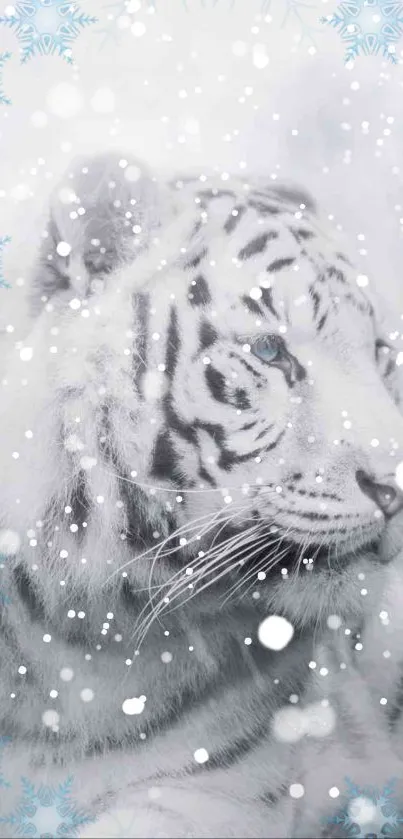 White tiger in snow with blue snowflakes, mobile wallpaper