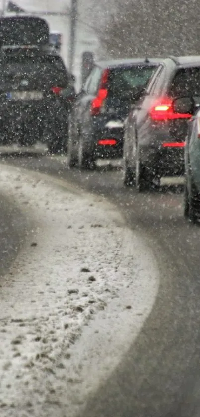 Winter road scene with cars and snow falling, creating a serene atmosphere.