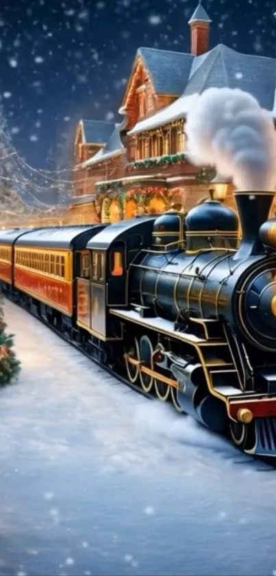 Winter train scene at snowy station with holiday lights.