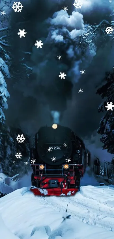 Vintage train traverses snowy forest with falling snowflakes.