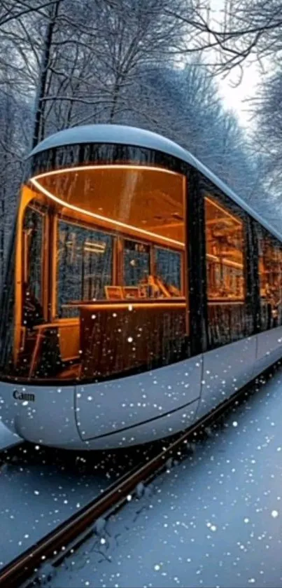 Modern train journeying through a snowy forest landscape.