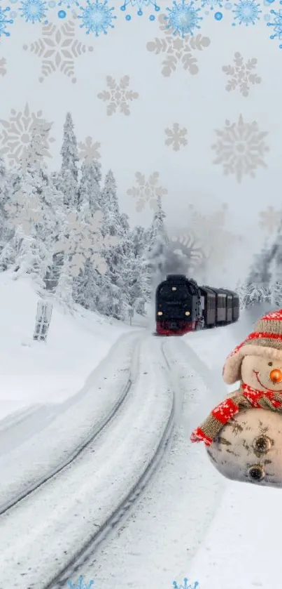 Winter train and snowman beside snowy tracks.
