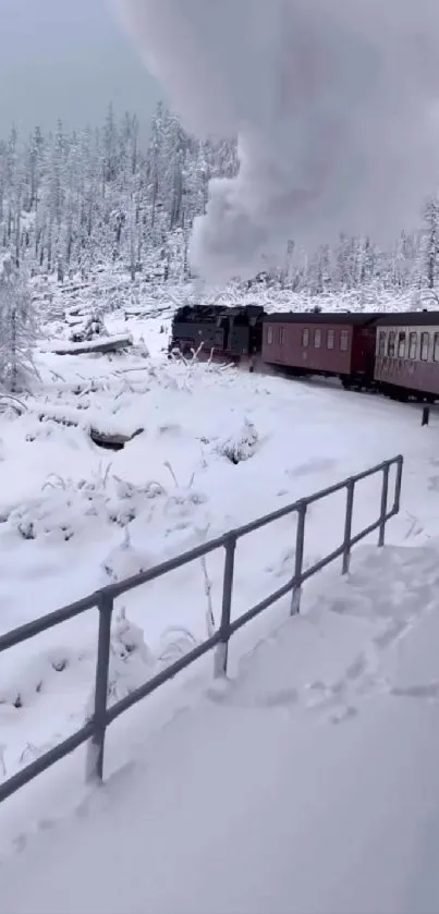 Steam train traveling through snowy winter landscape.