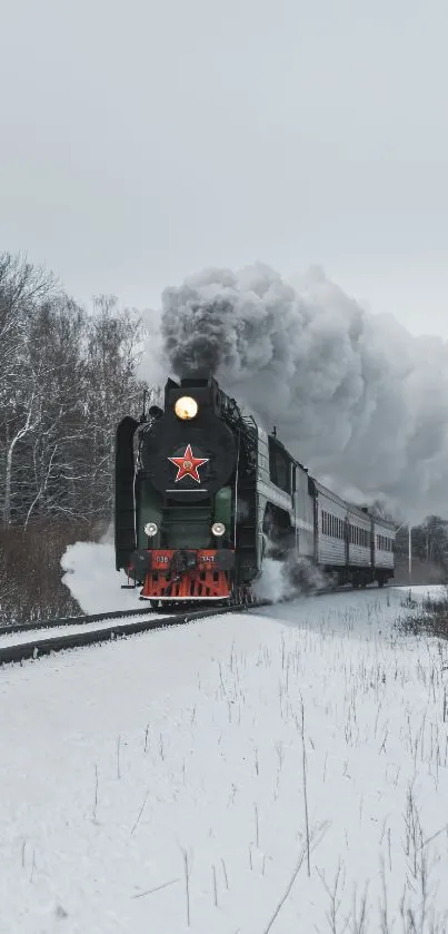 Steam train traveling through snowy winter landscape, smartphone wallpaper.