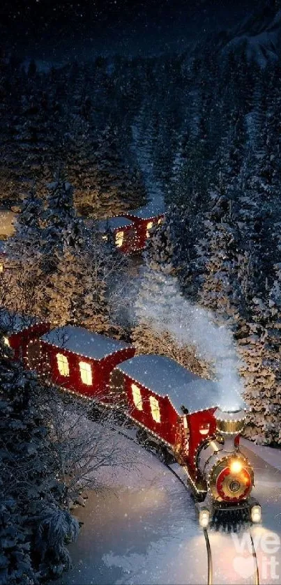 Festive train journey through snowy forest at night with warm glowing lights.