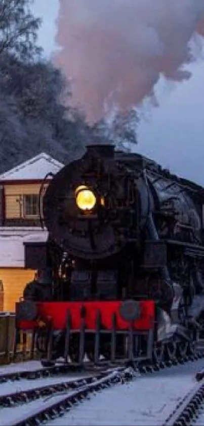 Steam train in snowy winter landscape with festive station architecture.