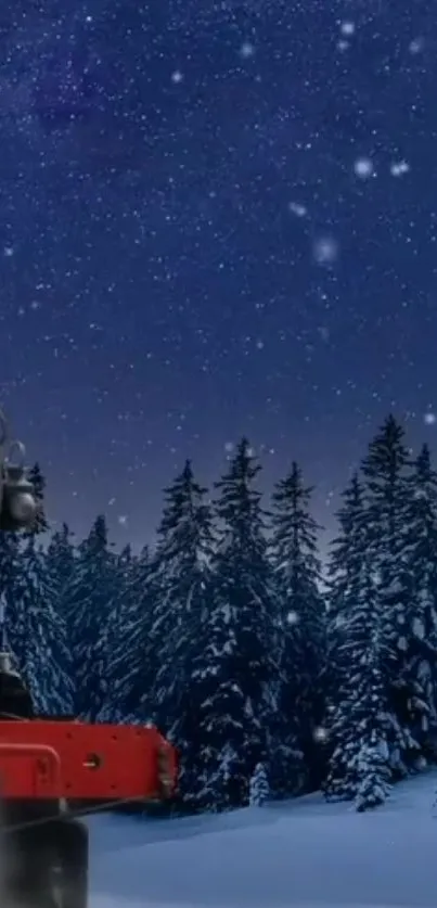 Train moves through snowy forest under a starry winter night.