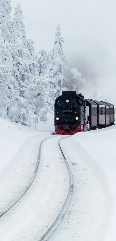 Steam train traveling through snowy forest, serene winter landscape.