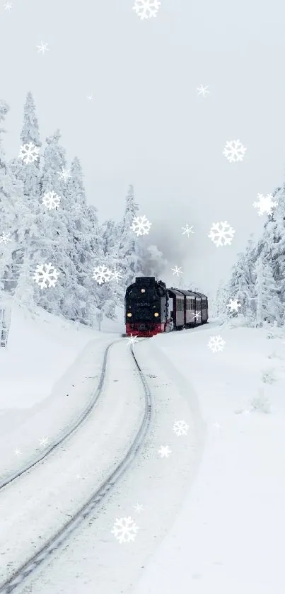 Steam train on snowy track through winter forest.