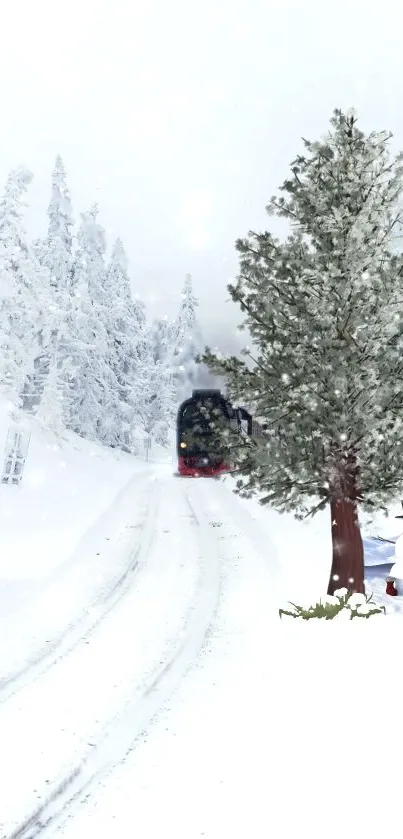 Snowy landscape with a train and snowman on a winter day.